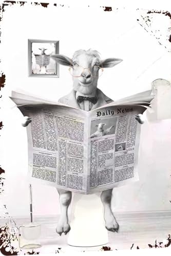 TopPacific Metal Tin Sign Vintage Sheep Toilet Reading Newspaper Humour Funny Animal Whimsy Animal for Home, Bathroom and Toilet Wall Decor 12x8 Inches(815)