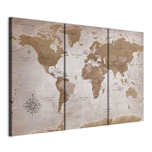 B&D XXL - Tableau décoratif Carte du monde 120x80 cm - Impression sur toile colorée - Décoration murale - Boussole continents cartes orienter miel épicé...