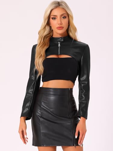 Allegra K Women's Faux Leather Cropped Top Stand Collar Zipper Front Moto Biker Long Sleeve Jacket Coat3
