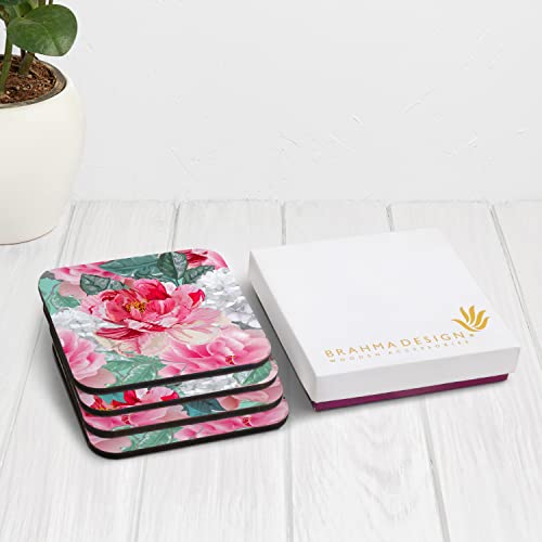 Image of Wooden Coaster Set with Gift Box | Red Chrysanthemums Design | Set of 4 Tabletop Square Coasters 3.75 inch x 3.75 inch | Kitchen Table Wooden Decorative Items | for Cups, Mugs, Cans, Glasses