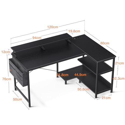 ODK Gaming Tisch L Form, 120x80cm Schreibtisch L Form mit Regal Reversibe, Eckschreibtisch mit USB-Ladeanschluss & Steckdose, Ecktisch mit Monitorständer für Büro, Heimbüro, Schwarz – Bild 4