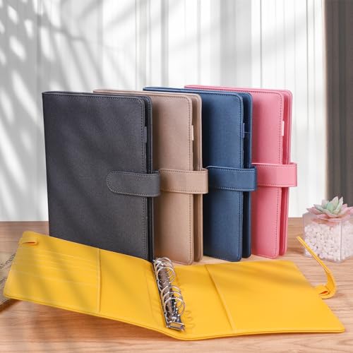 Image of Antner A5 Binder 6 Ring Refillable Notebook Planner Cover, PU Leather Aesthetic Small Binder Loose Leaf Photocard Holder Budget Planner for Cash Organizer with Magnetic Buckle, Lemon Yellow