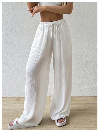Women's Elastic Drawstring Waist Wide Leg Pants Loose Fit Sheer Cover Up Beach Pants Lounge with Pocket3