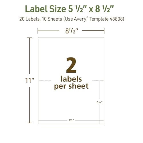 Image of Avery EcoFriendly Recycled Shipping Labels, 5.5 inch x 8.5 inch Half-Sheet Labels, White, Permanent Adhesive, Laser & Inkjet Printers, 20 Total, Great for Mailing, Product Merchandising, and More (48808)