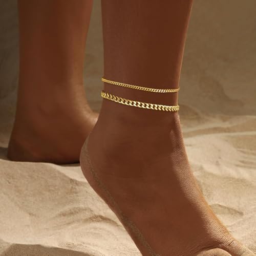 Image of Gold Ankle Bracelets for Women, 14k Silver /Gold Anklets for Women Waterproof Layered Figaro Cuban Link Cuban Anklet Set Silver Ankle Bracelets for Women Summer Beach Jewelry Gifts