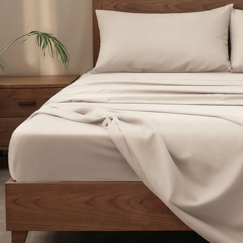 Image of Slumberfy 4-Piece 400 TC Viscose Derived from Bamboo Sheets, Queen Size - 1 Fitted, 1 Flat, 2 Pillow Cases - Deep Pocket Cooling Viscose-Bamboo Bed Sheets in Magnetic Closure Gift Box, Sand