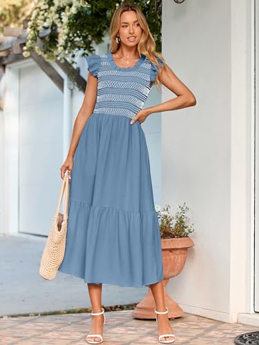 Image of Simplee Womens Summer Midi Dress Casual Boho Smocked Waist Flutter Sleeve A Line Flowy Tiered Dress with Pockets