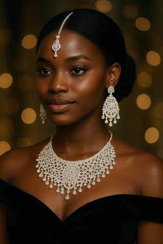 Touchstone Indian Bollywood Masterly Created Sparkling Rhinestones Studded Look Grand Bridal Jewelry Necklace Earrings Mangtika Set In Silver or White or Gold Tone For Women.3