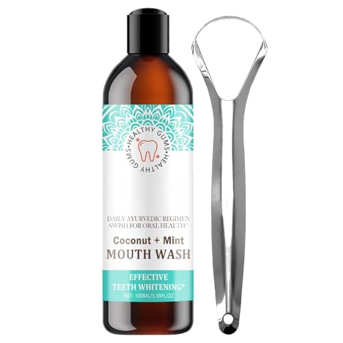 100 ml Mouthwash, Enjuague Bucal Sin Alcohol con Tongue Scraper, Oil Pulling Mouthwash con Aceite De Coco Y Menta, Enjuague Bucal Niños Natural & Organic