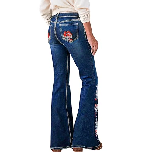 Plus Size High Waist Bell Bottom Jeans for Women Floral Embroidered Stretch Flared Denim Washed Casual2