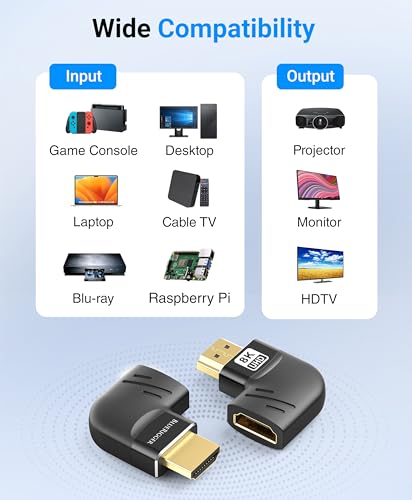 Image of BlueRigger HDMI 90 and 270 Degree Adapter (1-Pack, 8K 60Hz Right Angle HDMI 90 Degree Adapter, Male to Female, L-Shaped Left Angled Elbow Connector)- Compatible with HDTV, Laptop, PS5, PS4