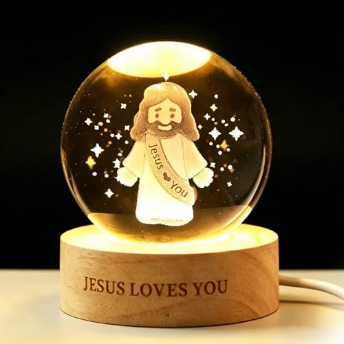 SBEDERTI 3D Jesus Loves You Crystal Ball Night Light-2.36 Inch K9 Glass Decorative Ball Lamps with LED Wooden Base for Home Room Decoration,Christian Easter Birthday Gifts for Kids,Women and Men