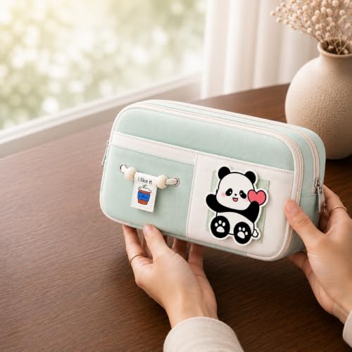 Image of FINEMOE Kawaii Pencil Pouch for Girls & Boys, Cute Green School Pencil Case, 10 Layer Large Capacity Stationery Organizer with Zipper, Aesthetic Storage Bag for Kids, Return Gifts (Green)