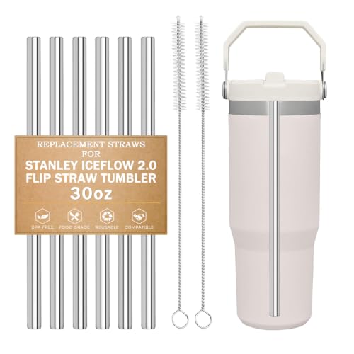 Image of LUCKINEE 6pcs Replacement Straws for Stanley IceFlow Tumbler 30oz | 8.07 Inch Long Reusable Straws, Metal Stainless Steel Straws for Owala Water Bottle, with 2Pcs Cleaning Brushes, BPA Free