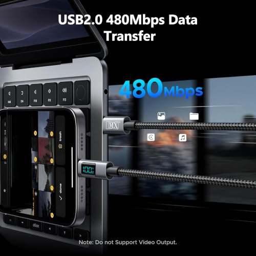 Image of MX 100W USB C to USB C Fast Charging Cable with LED Display, 5A Type C to Type C Fast Charging Nylon Braided Cable, 480Mbps Data Transfer, 2Meter Tangle-Free Cable for MacBook, Laptop, iPad & Phone