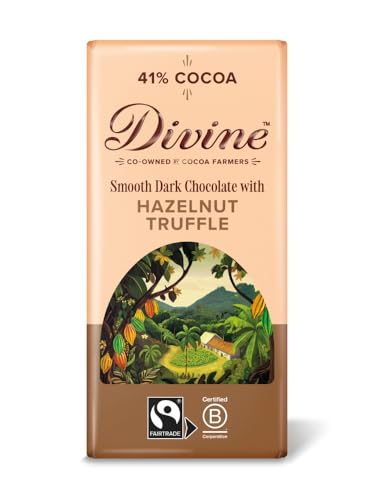 Divine Dark Chocolate with Hazelnut Truffle 90g Bar Fairtrade Dark Chocolate Smooth Hazelnut Truffle Filling Ethical Premium Chocolate