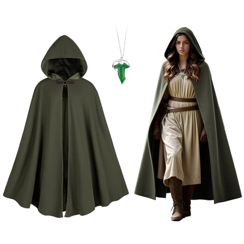 QPAXUCR Cloak with Hood Women, Medieval Costume Round Metal Buckle Cloak with Green Leaf Brooch Necklace for Halloween.