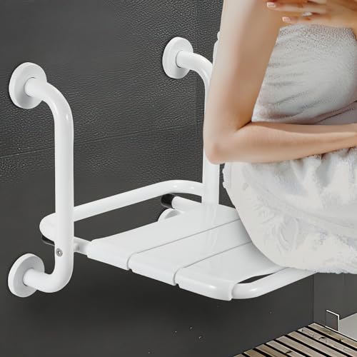 Monucep Duschklappsitz für Wandmontage, Duschsitz Klappbar mit armlehnen, Duschstuhl Duschhocker Hohenverstellbar, bis 150KG Duschhocker für Senioren und Behinderte, Platzsparend, Weiß