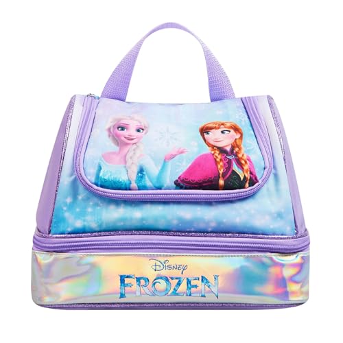 Disney Frozen Girls Lunch Bag Officially Licensed Multi Zip Insulated Lunch Box with Elsa And Anna Print Holographic Base Dual Compartments Easy Carry Handle Purple School Snack Bag