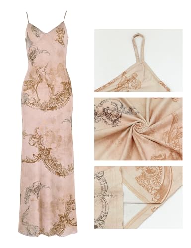 Image of Womens Sexy V Neck Satin Maxi Dresses Spaghetti Strap Floral Print Dresses Slim Fit Elegant Long Dresses Night Party Outfits