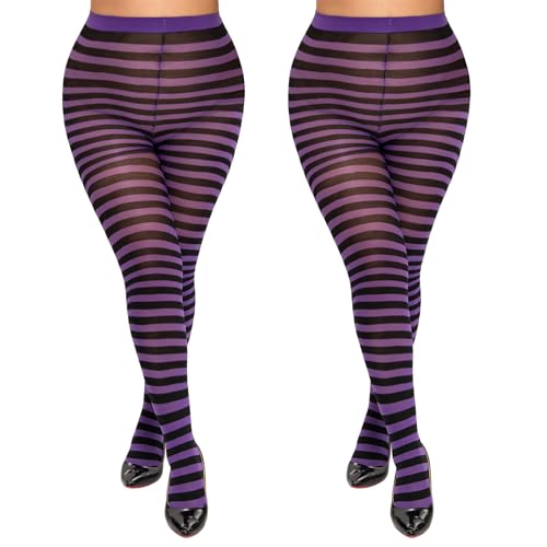 Image of MANZI 2 Pairs Women's Plus Size Colored Striped Tights 40D Nylon Striped Pantyhose for Halloween Christmas