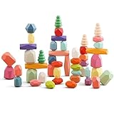 OESSUF Stacking Rocks 48Pcs Stacking Blocks Balancing Stacking Stones Wooden Building Toys Wood Stone Stacking Game for Toddler Sorting Preschool Educational Montessori Stacking Rocks for Kids