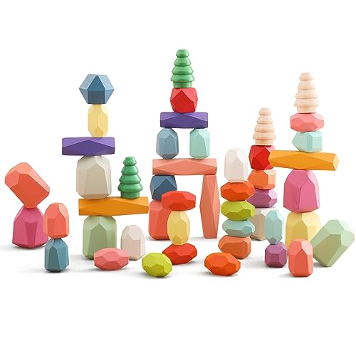 OESSUF Stacking Rocks 48Pcs Stacking Blocks Balancing Stacking Stones Wooden Building Toys Wood Stone Stacking Game for Toddler Sorting Preschool Educational Montessori Stacking Rocks for Kids