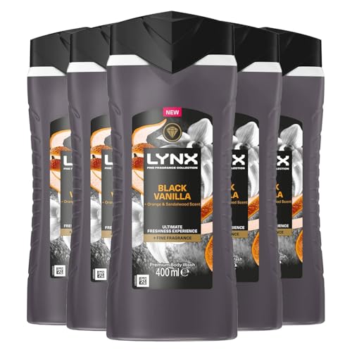 Lynx Fine Fragrance Collection Body Wash for Men Black Vanilla Pack of 5 Premium Shower Gel Infused with Essential Oils That Gives You 12 Hours of Freshness 400 ml