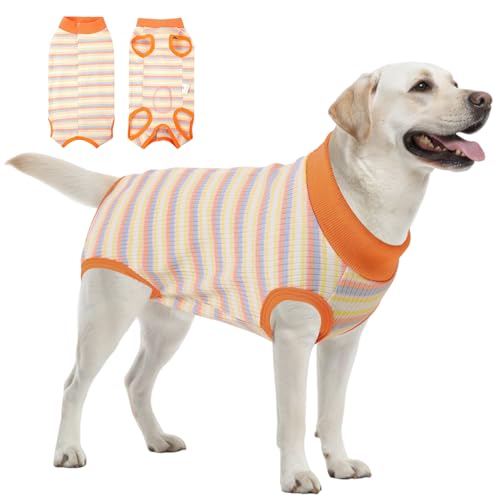Image of SAWMONG Recovery Suit for Dogs Female Male, Cotton Breathable Dog Onesie After Surgery Spay Neuter, Professional Pet Surgical Suit, Substitute E-Collar Cone (Orange Stripes, 2XL)