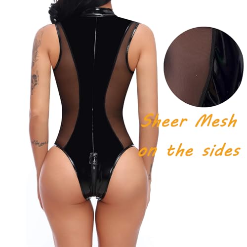 MIZSPISE Latex Dessous Damen Bodysuit Sexy Unterwäsche Reizwäsche Zipper Erotic Wetlook Outfit Babydoll Lackleder Lingerie Lack Nahtlose Party Leder (Schwarz, Einheitsgröße)