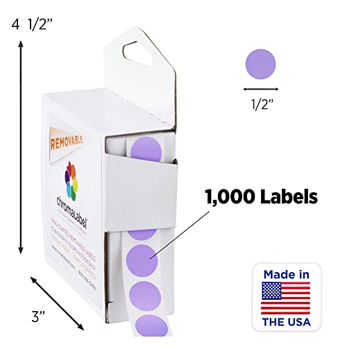 Chromalabel 0.50 Inch Round Label Removable Color Code Dot Stickers, 1000 Labels Per Dispenser Box, Lavender #TOP1