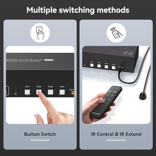 4K144Hz HDMI + 2 Displayport KVM Switch 3 Monitors 4 Computers 8K KVM Switches Triple Monitor for Four Computer Share 3 Display and Four USB 3.0 Ports Support Extended/Copy Mode with Infrared Remote