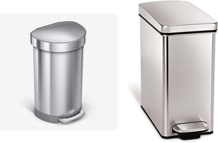 simplehuman 45 Liter/ 12 Gallon Semi-Round Hands-Free Step Trash Can, Brushed & 10 Liter / 2.6 Gallon Stainless Steel Bathroom Slim Profile Trash Can, Brushed Stainless Steel