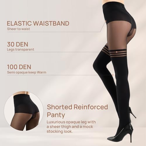 Image of MANZI Mock Suspender Pantyhose for Women Faux Thigh High Stockings Black Over the Knee Goth Sparkly Tights