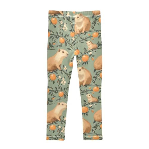 Capybara on Orange Branches Girls Leggings Athletic Pants Tights Stretch Bottom2