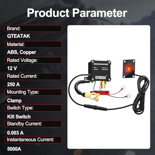Image of 12V 250A Battery Disconnect Switch Kill Switch | KCD4 Illuminated Boat Rocker Panel Switch (AC 16A 250V /20A 125V) for Car Truck RV, 9.84 FT Cable, Prevent Battery Drain