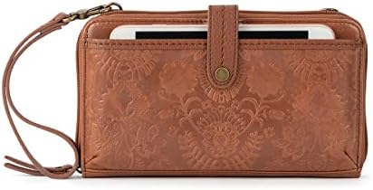 The Sak Iris Large Smartphone Crossbody Bag in Leather, Detachable Wristlet Strap, Tobacco Floral Embossed II