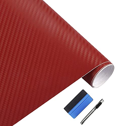 LZLRUN 3D Carbon Fiber Vinyl Wrap Roll with Air Release Bubble Free Adhesive Film - Come with Knife + Hand Tool (Red, 1.5FT x 5FT)