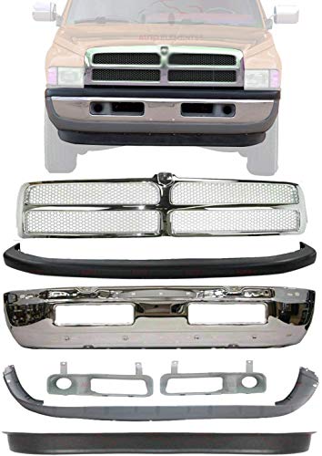 Autoelementss New Front Bumper Face Bar Chrome + Grille + Upper & Lower Cover + Valance Textured + Sight Shield Left Driver & Right Passenger Side For 1994-01 Dodge Ram 1500 94-02 Ram 2500 3500