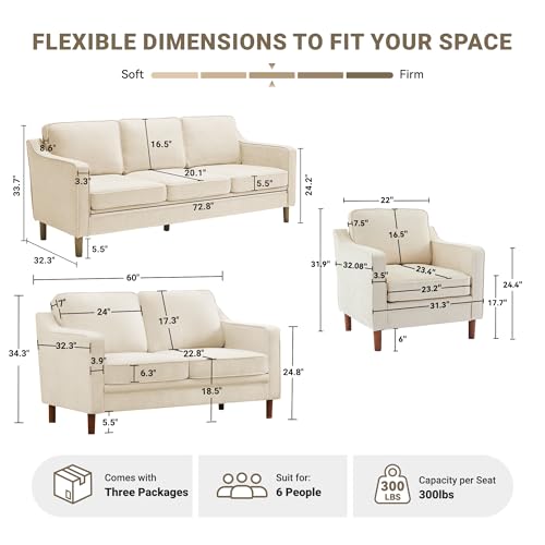 Image of Kingfun Living Room Furniture Sets, 3 Seater Couch, Armchair and Loveseat, Mid Century Modern Sofa Set, Chenille Couch with Solid Wood Frame for Living Room & Bedroom, Beige