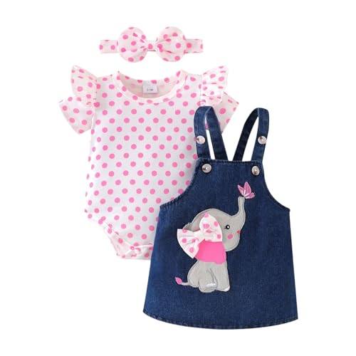 Image of Baby Girl Clothes Newborn Ruffle Romper Elephant Jeans Skirt 0-18M | Soft Romper, Adjustable Jean Skirt with Headband Elephant Butterfly Design, Snap Closure, Everyday Wear