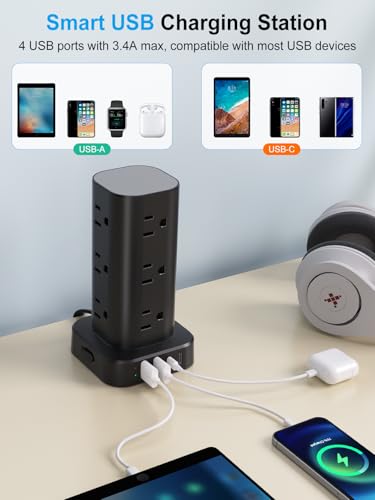 Power Strip with Wireless Charger, Flat Plug Surge Protector with 6FT Extension Cord, 12 AC Multiple Outlets, 4 USB (2 USB C), 15W Wireless Charging Power Tower for Home Office Dorm, Black