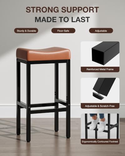 Image of Bar Stools Set of 2-24 Inch Counter Height Chairs for Kitchen Island, Leather Seat with 400 LBS Heavy-Duty Metal Frame and Adjustable Feet, Easy to Assemble for Bar, Cafe or Dining Room,Brown