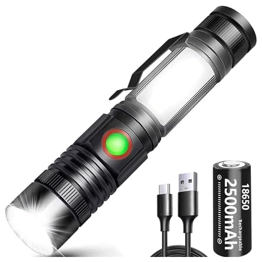 Torche Lampe de Poche LED USB Rechargeable Puissante Militaire Lampe COB Portable Zoomable Torche pour Auto Garage Atelier Camping Bricolage (18650 Pile Rechargeable incluse & Magnétique au Bas)