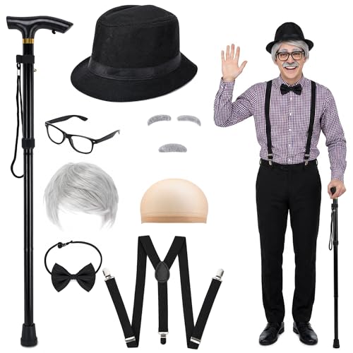 Mizelu 9 Pcs Old Man Costume Kit Grandpa Cosplay Accessories Set Including Old Men Alloy Cane Hat Wig Faux Beard Eyebrows Bow Tie Suspenders Glasses for Halloween Party Outfit