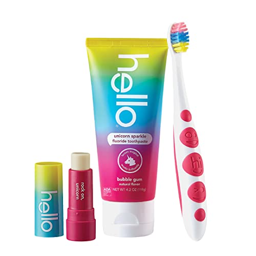 Hello Unicorn Bundle, Includes Unicorn Toothbrush and 4.2 OZ Kids Toothpaste with Bubble Gum Flavor and Fluoride and 0.15 OZ Unicorn Kids Lip Balm, Safe for Ages 2 and Up, Anticavity, Vegan