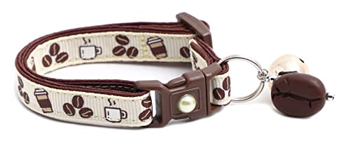 Coffee Cat Collar with Bell, Breakaway, Adjustable, Cream