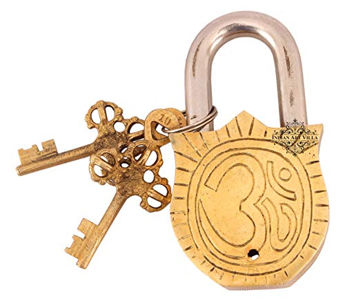 Image of Indian Art Villa Handmade Old Vintage Style Antique Godess Laxmi Ji Design Brass Security Lock with 2 Keys Om Design on Back, Home Temple Office