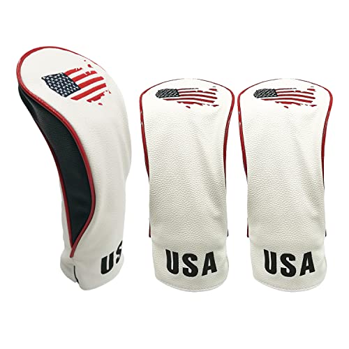 Sailling golf Schlägerhauben aus Holz, gestrickt, bestickt, mit Sternen und Streifen, weiches Leder, USA-Golfschlägerabdeckungen für Holz und Fahrer (weiß-3 Stück) Cover