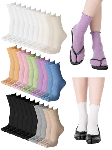 Bencailor 15 Pairs Tabi Socks Women Split Toe Flip Flop Frilly Socks Cotton Japanese Sandal Slipper for Men Women Unisex(Bright Colors)